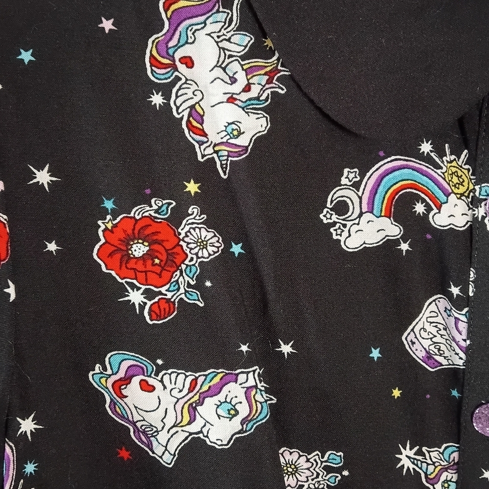 Hell Bunny Unicorn Rockabilly Shirt Black Rainbow & Star Pattern Size M NWT - Picture 5 of 13